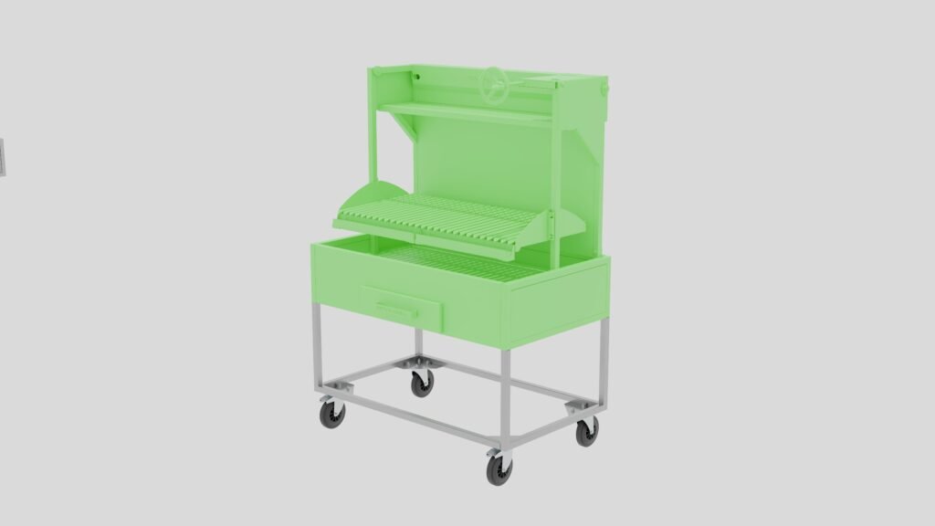 Vista perspectiva del accesorio de base con ruedas de una parrilla de exterior inoxidable manual de carbón de la marca Nova Grill