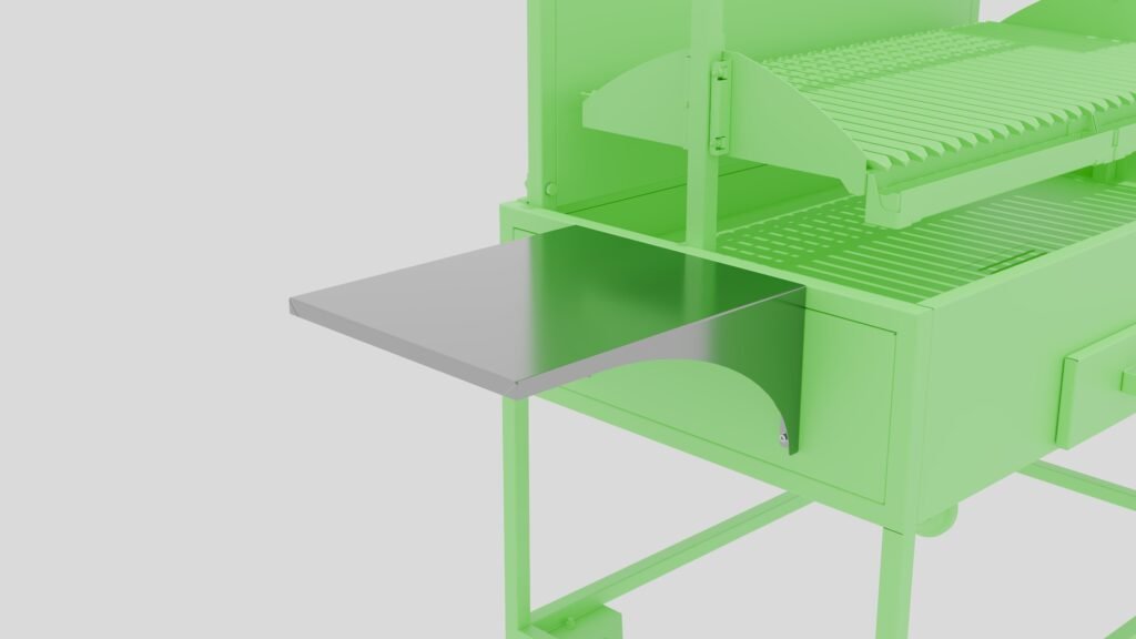 Vista perspectiva del accesorio balda en un lateral de una parrilla de exterior inoxidable manual de carbón de la marca Nova Grill