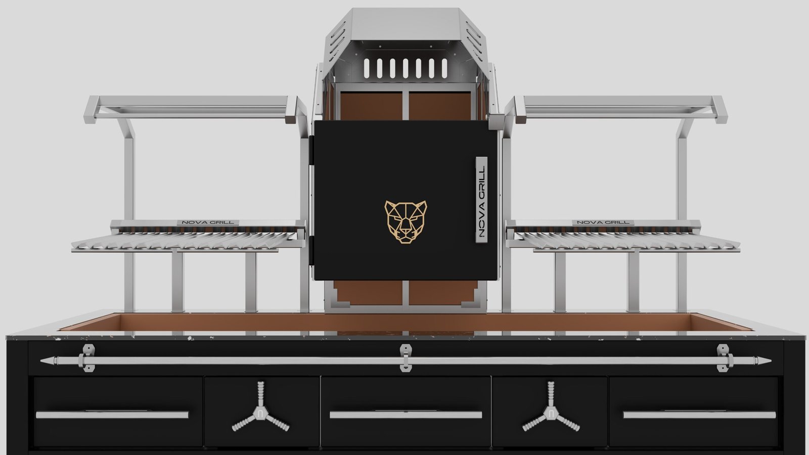 parrilla profesional de carbón y leña con cesta central para leña o carbón marca nova grill