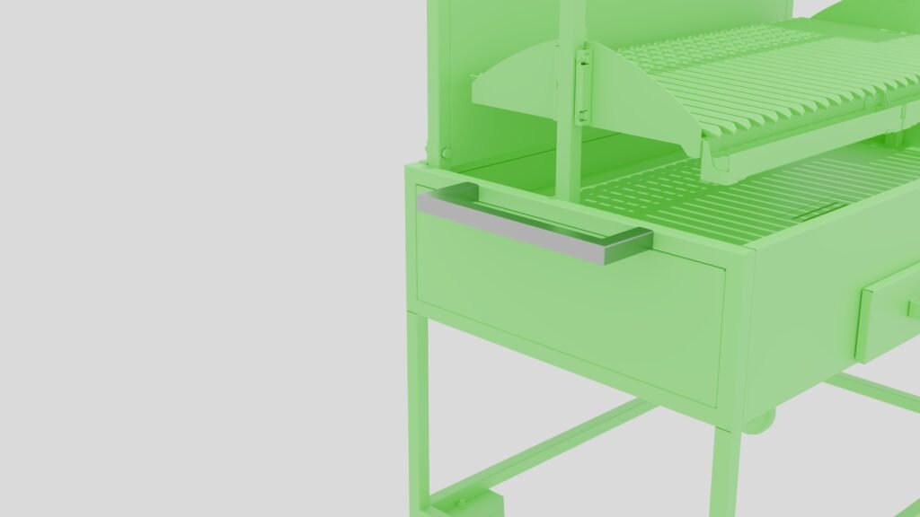 Vista perspectiva del accesorio tirador en un lateral de una parrilla de exterior inoxidable manual de carbón de la marca Nova Grill