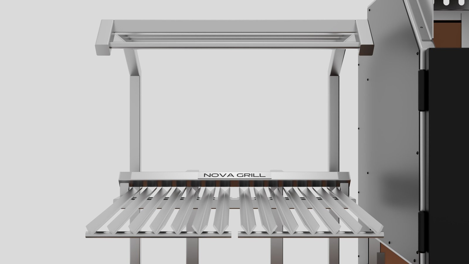 Vista frontal en detalle de la elevación eléctrica de una parrilla de carbón de la marca Nova Grill