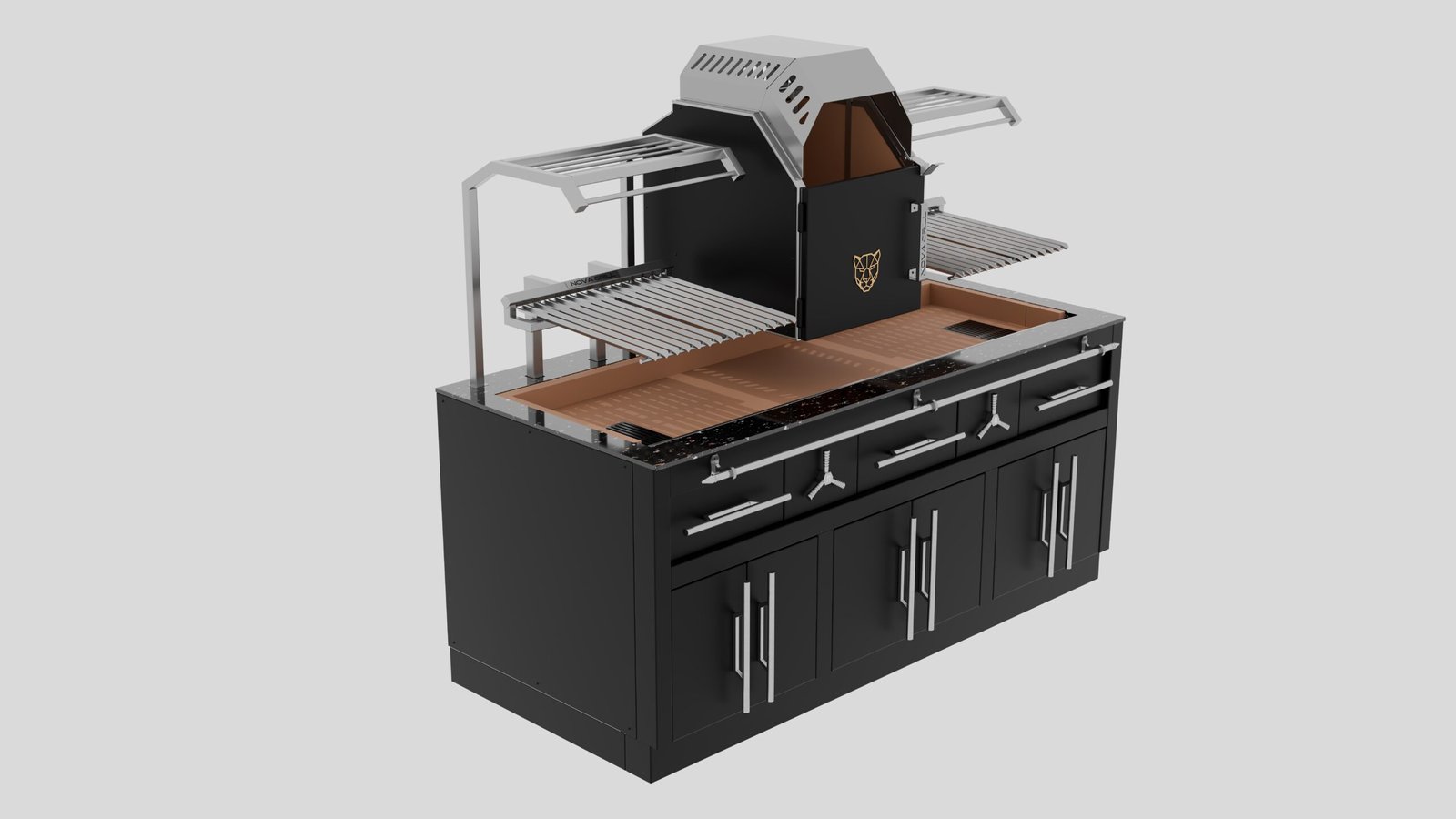 Vista frontal superior de una parrilla de carbón de la marca Nova Grill