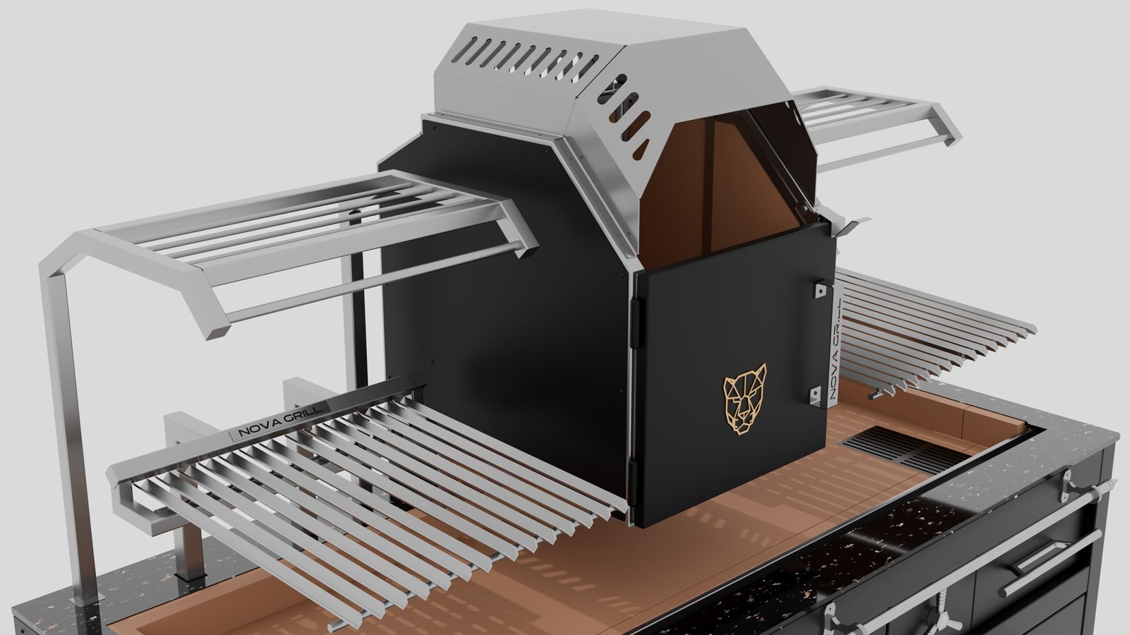 Perspectiva de las elevaciones eléctricas, cesta para carbón y leña y superficies de atemperado de una parrilla de carbón negra de la marca Nova Grill