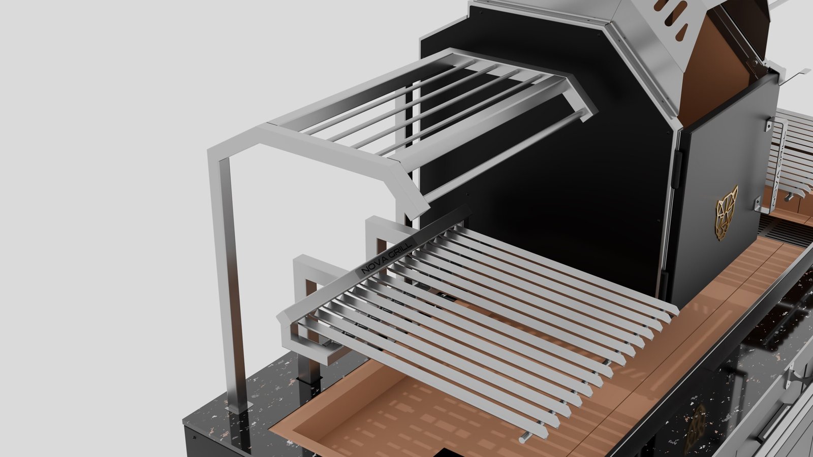 Vista perspectiva en detalle de la elevación en V y zona de atemperado de una parrilla de carbón de la marca Nova Grill