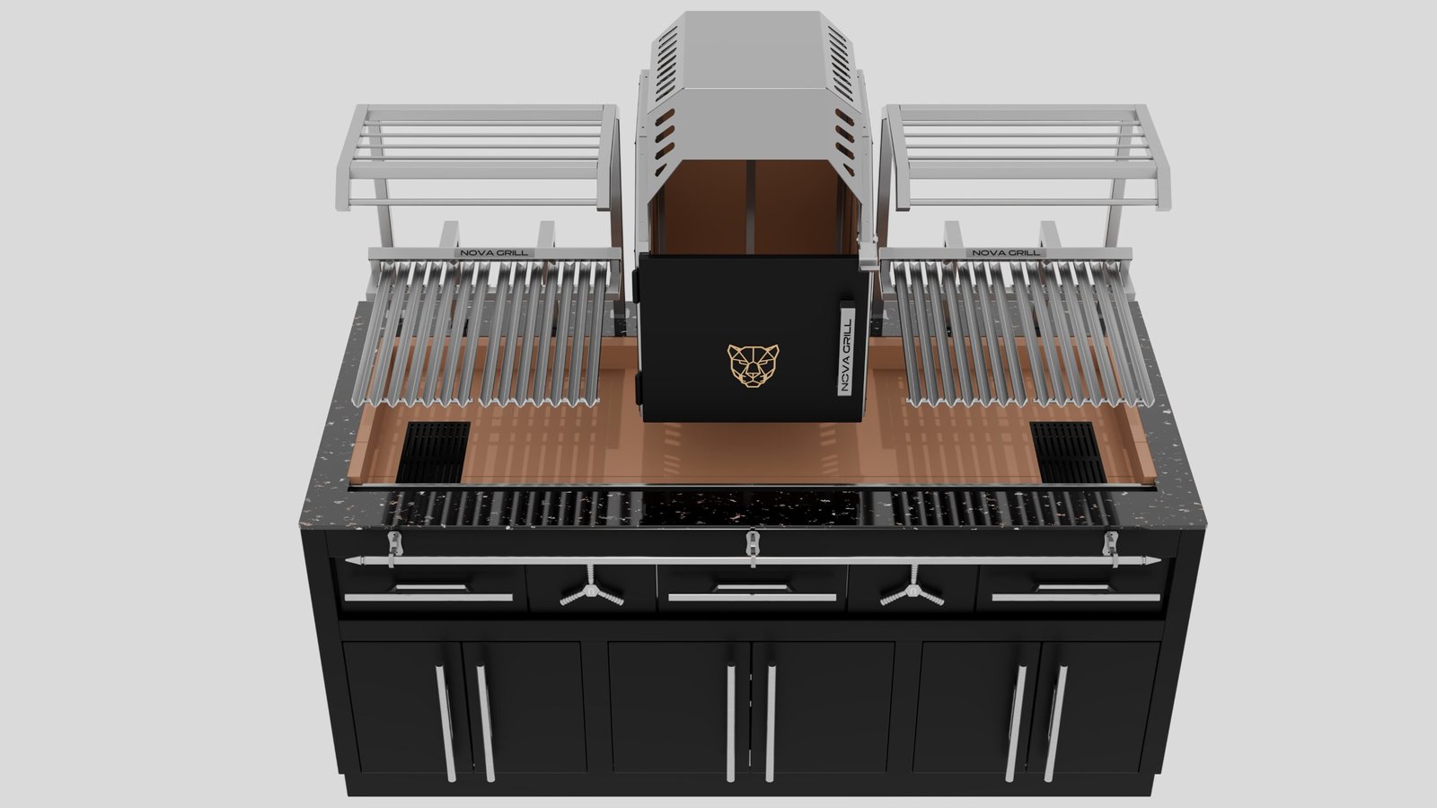 Vista frontal superior de una parrilla de carbón de la marca Nova Grill