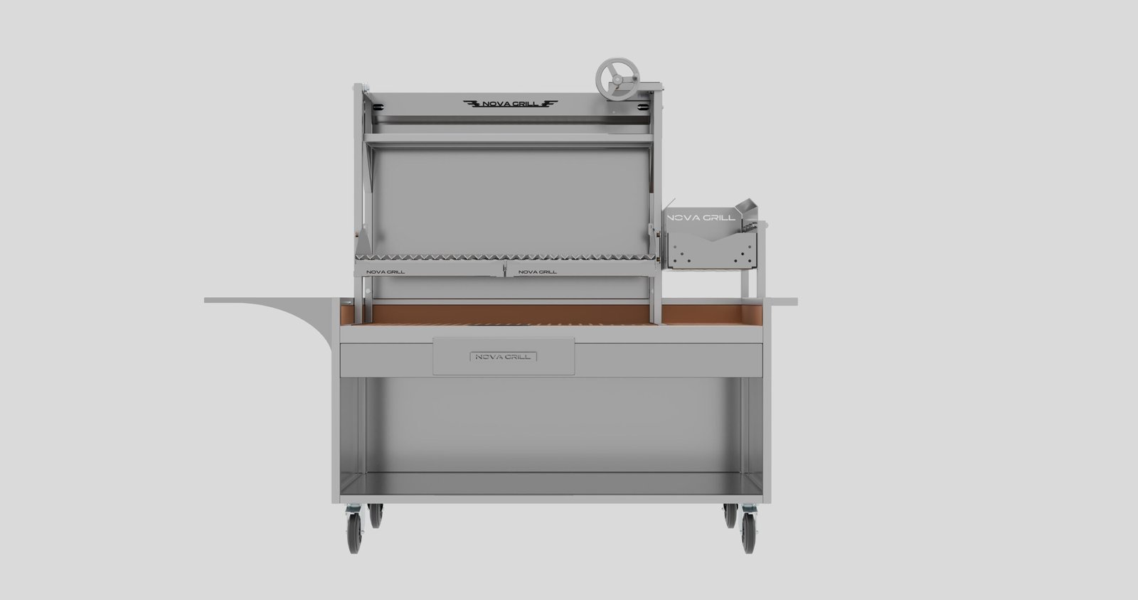 Vista frontal de una parrilla de carbón de acero inoxidable con elevación manual, cesta de encendido de leña y/o carbón, balda lateral, zona de almacenaje inferior y ruedas de la marca Nova Grill